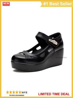 Women's Leather Cutout Wedge Mary Jane Pumps Adjustable Ankle Strap Work Shoes